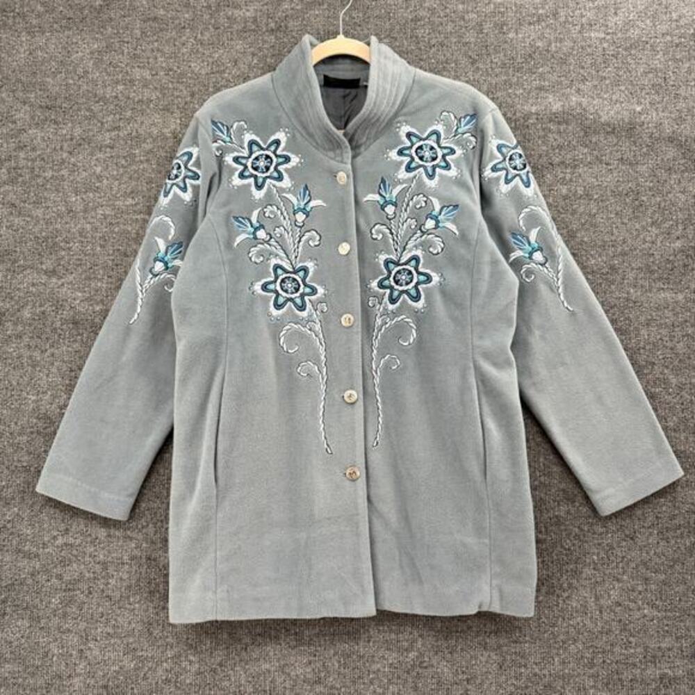 Bob Mackie Wearable Art Womens Embroidered Fleece Jacket Size M Blue Floral Cozy